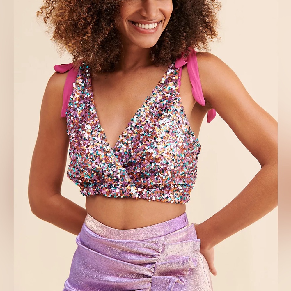 Sequin Multicolor Crop Top with Pink Straps